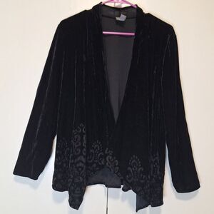 Easywear by Chico's Black Velvet Jacquard Embossed Waterfall Cardigan Size 2